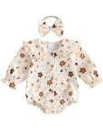 Baby girl floral ruffle-collar romper with matching bow headband