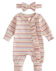 Pastel Stripe Ruffle Zip Romper Bow Set