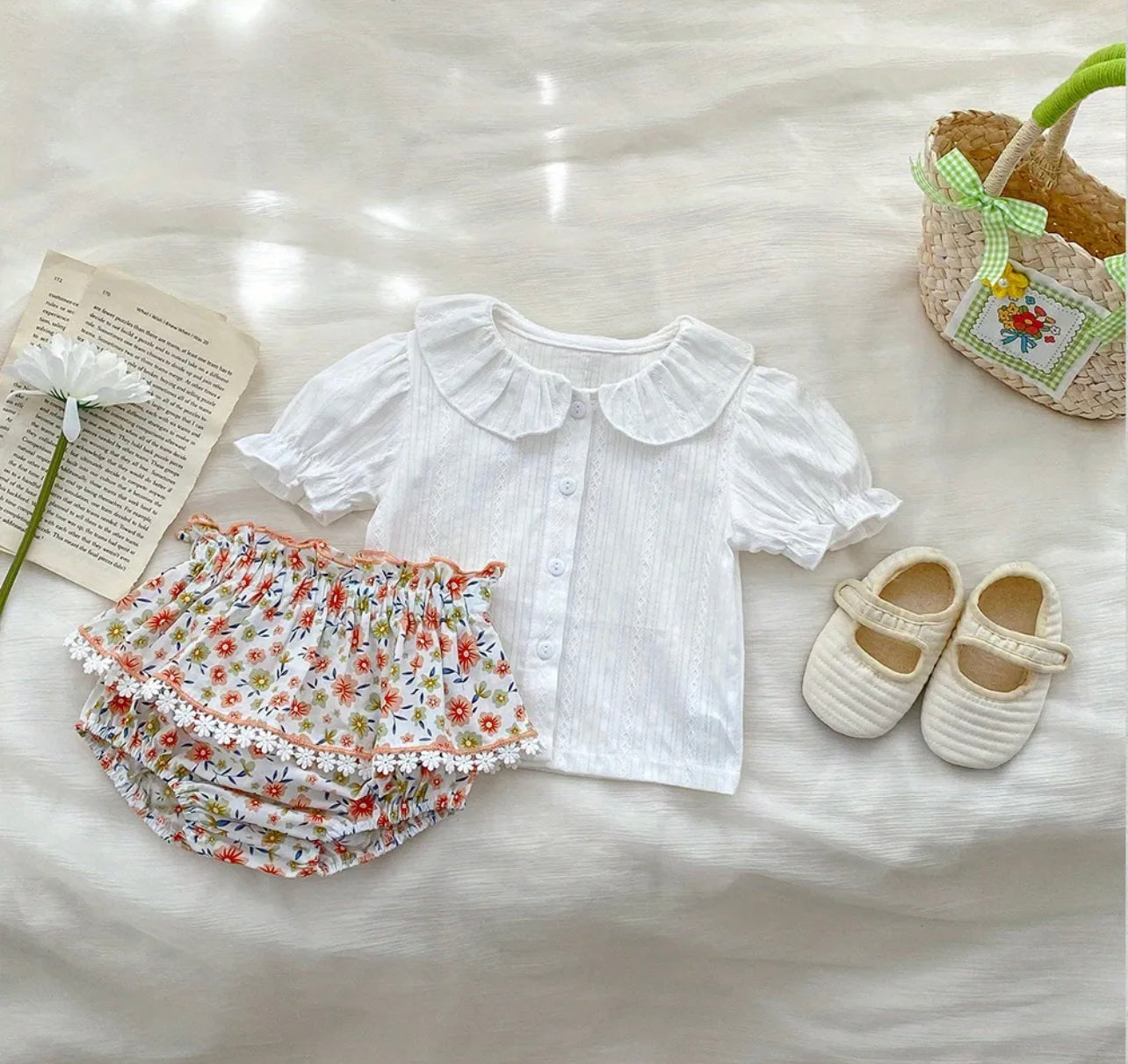 Babyhug Mid Thigh Length Shorts With Stretch Bow & Floral Applique - Blue