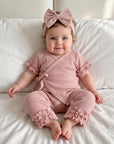 Waffle Knit Ruffle Wrap Romper Set