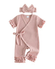 Waffle Knit Ruffle Wrap Romper Set