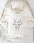 “Just Arrived” Ruffle Knit Onesie