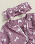 2pcs Bow Print Ruffled Onesie (Purple)