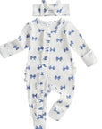 2pcs Bow Print Ruffled Onesie (Blue)