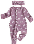 2pcs Bow Print Ruffled Onesie (Purple)