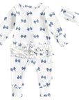2pcs Bow Print Ruffled Onesie (Blue)