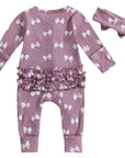 2pcs Bow Print Ruffled Onesie (Purple)