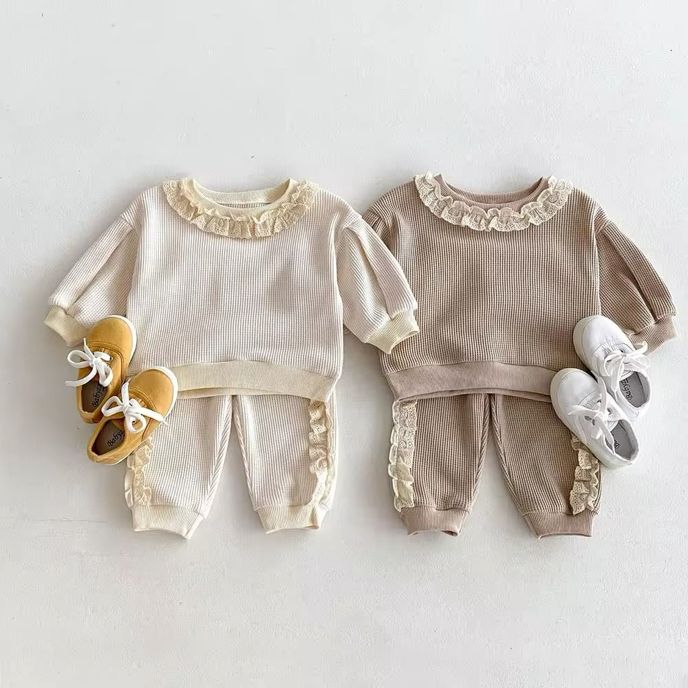 2pcs Waffle Lace Sweatsuit Set