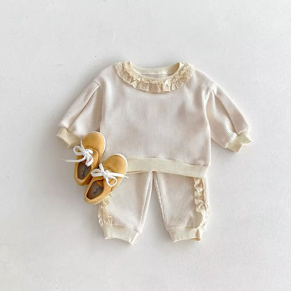 2pcs Waffle Lace Sweatsuit Set
