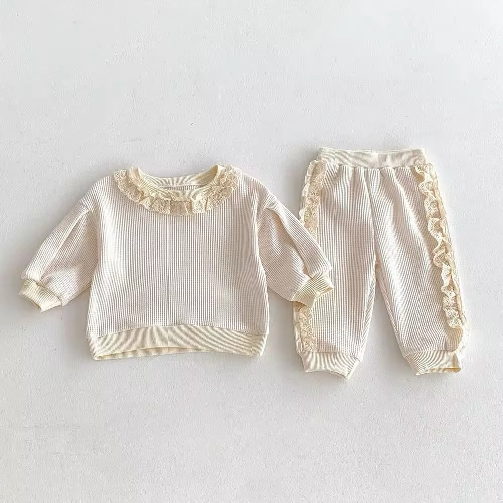 2pcs Waffle Lace Sweatsuit Set
