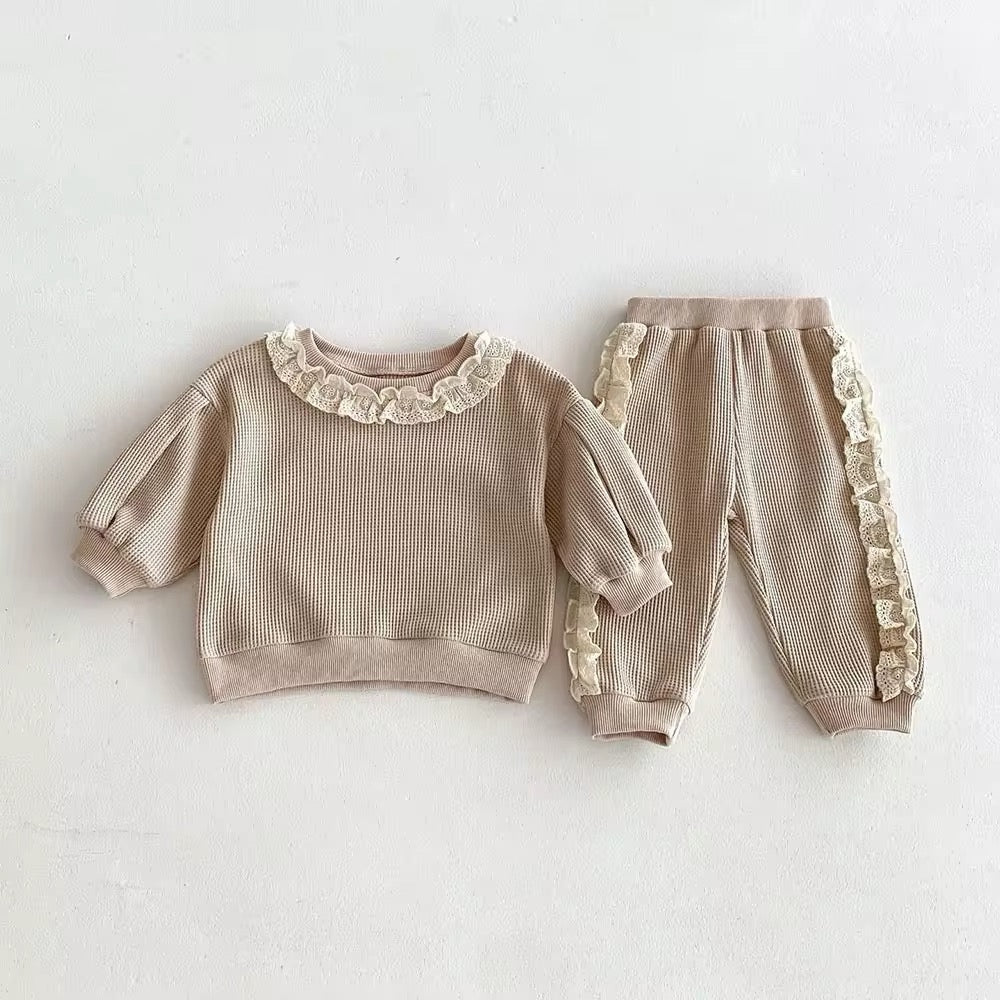 2pcs Waffle Lace Sweatsuit Set