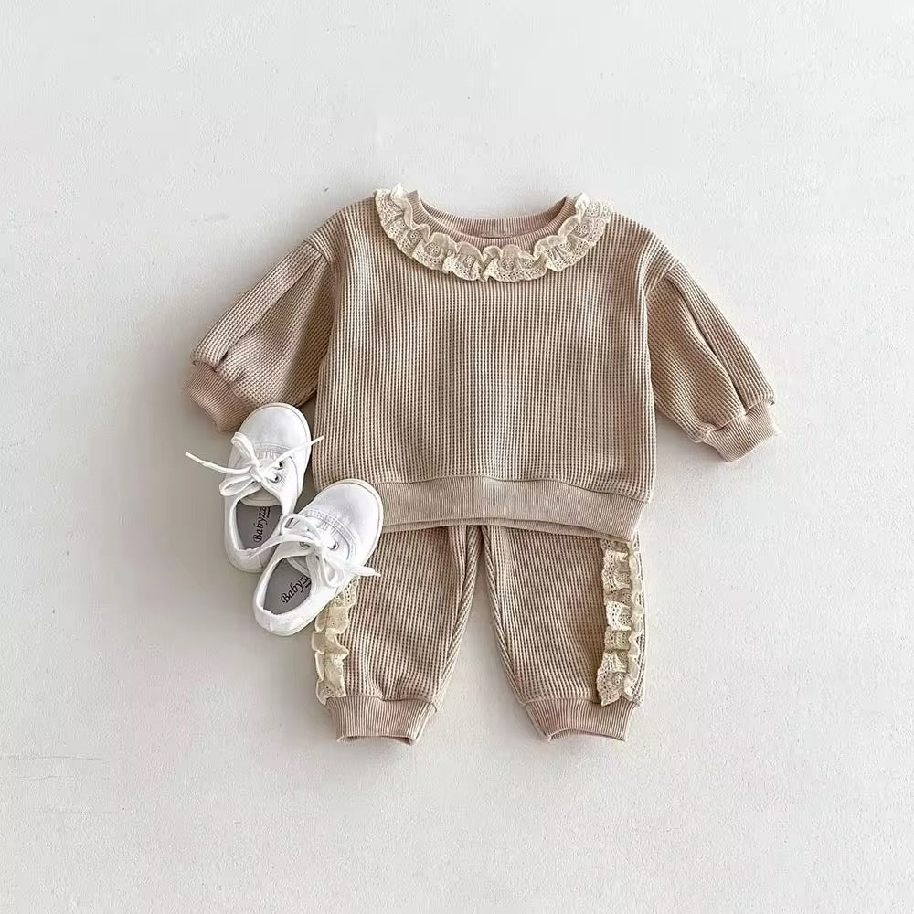 2pcs Waffle Lace Sweatsuit Set
