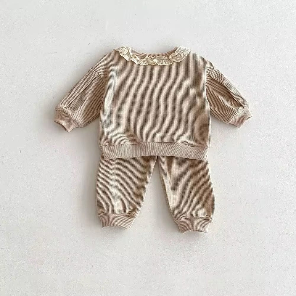 2pcs Waffle Lace Sweatsuit Set
