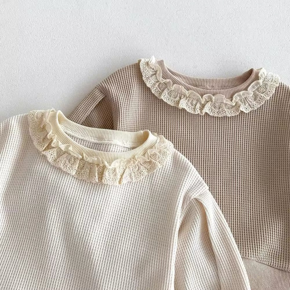 2pcs Waffle Lace Sweatsuit Set
