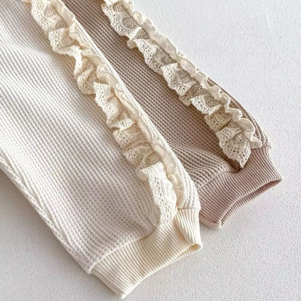 2pcs Waffle Lace Sweatsuit Set