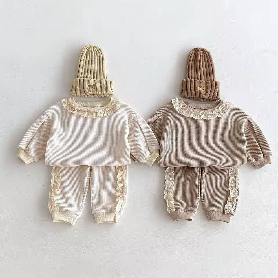 2pcs Waffle Lace Sweatsuit Set