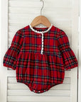 Red Plaid Baby Romper with Lace Trim