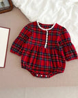 Red Plaid Baby Romper with Lace Trim
