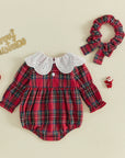 Christmas Plaid Eyelet Collar Bubble Romper