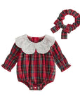 Christmas Plaid Eyelet Collar Bubble Romper