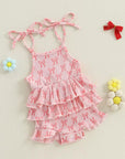 Bow-Print Ruffle Romper (Pink)