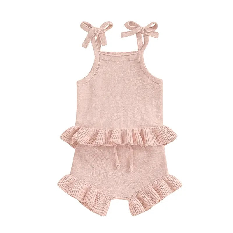 2pcs Knit Peplum Ruffle Shorts Set