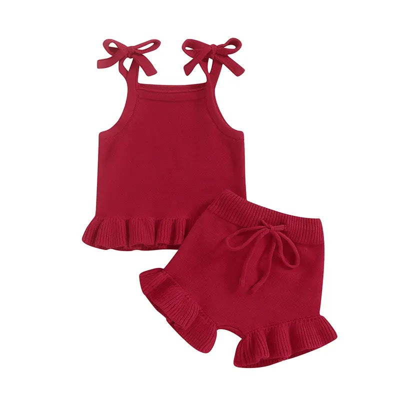 2pcs Knit Peplum Ruffle Shorts Set