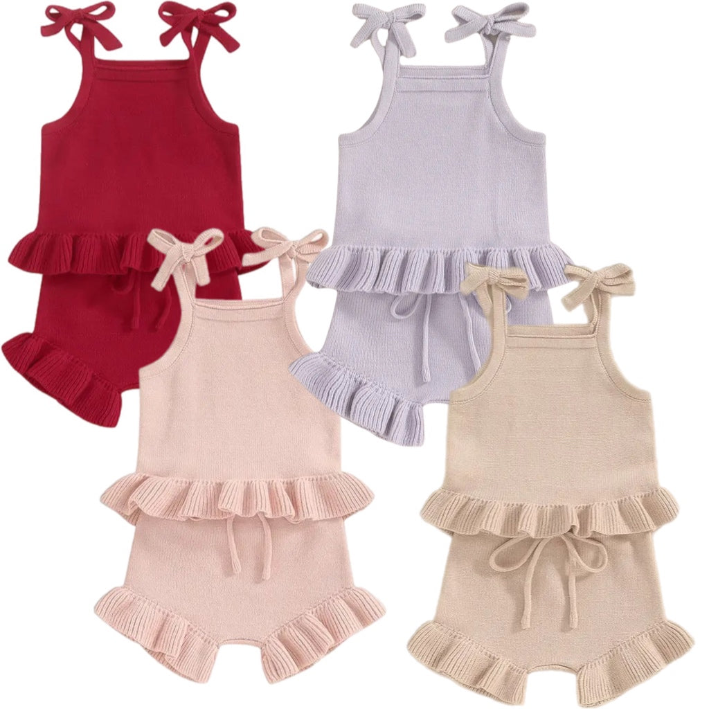 2pcs Knit Peplum Ruffle Shorts Set