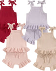2pcs Knit Peplum Ruffle Shorts Set