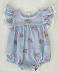 Blue Stripe Blossom Lace Flutter Romper