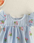 Blue Stripe Blossom Lace Flutter Romper