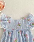 Blue Stripe Blossom Lace Flutter Romper