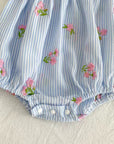 Blue Stripe Blossom Lace Flutter Romper