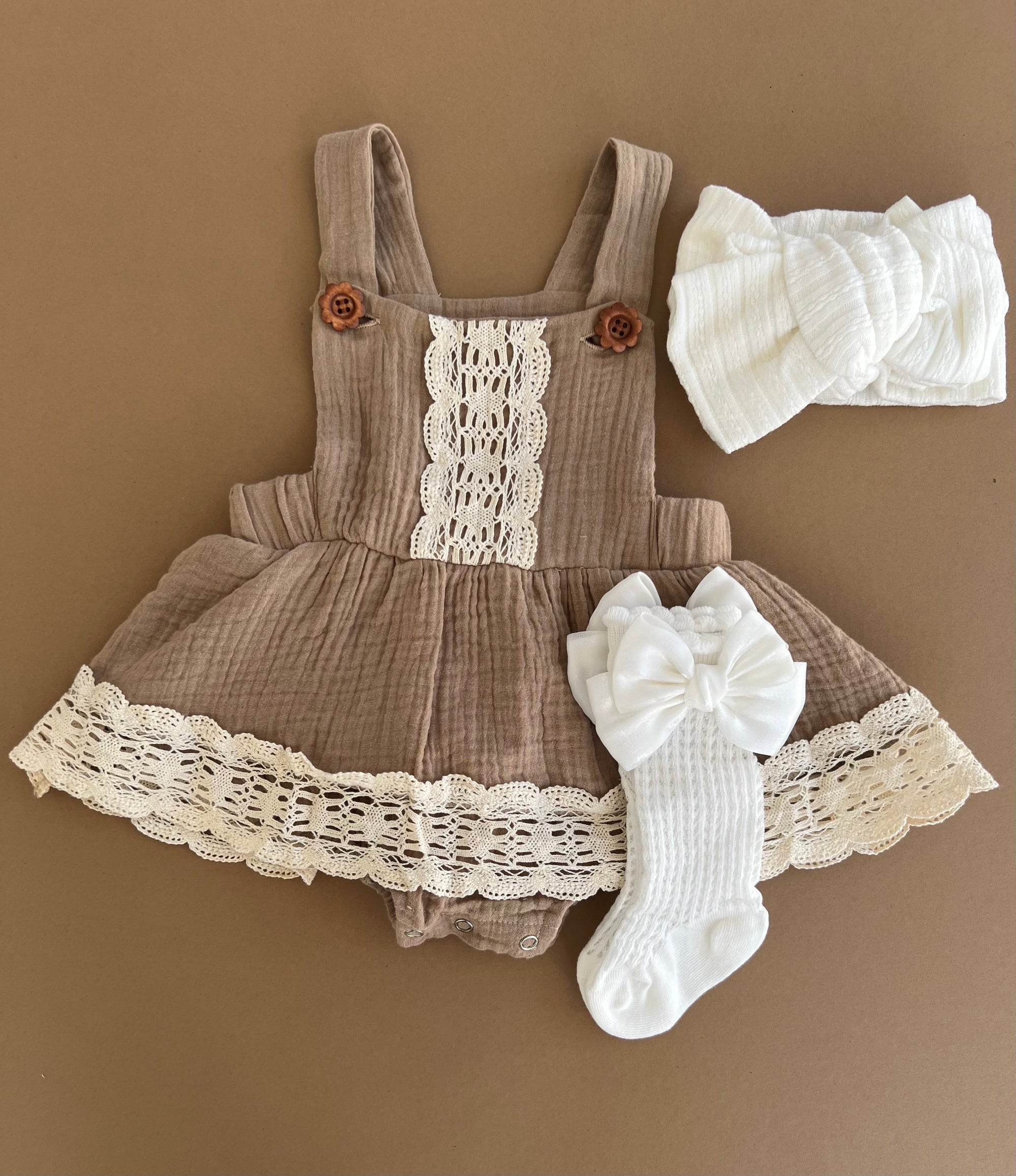 Vintage Skirted Lace Romper (Brown)