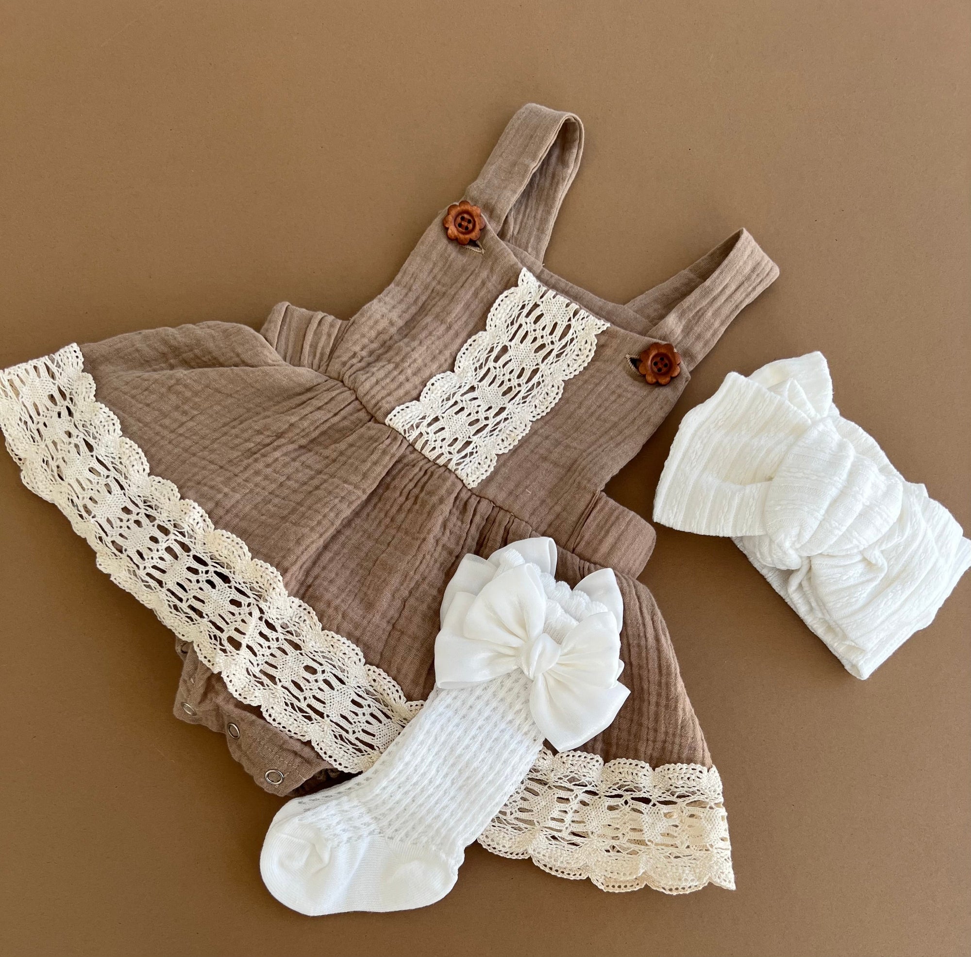 Vintage Skirted Lace Romper (Brown)
