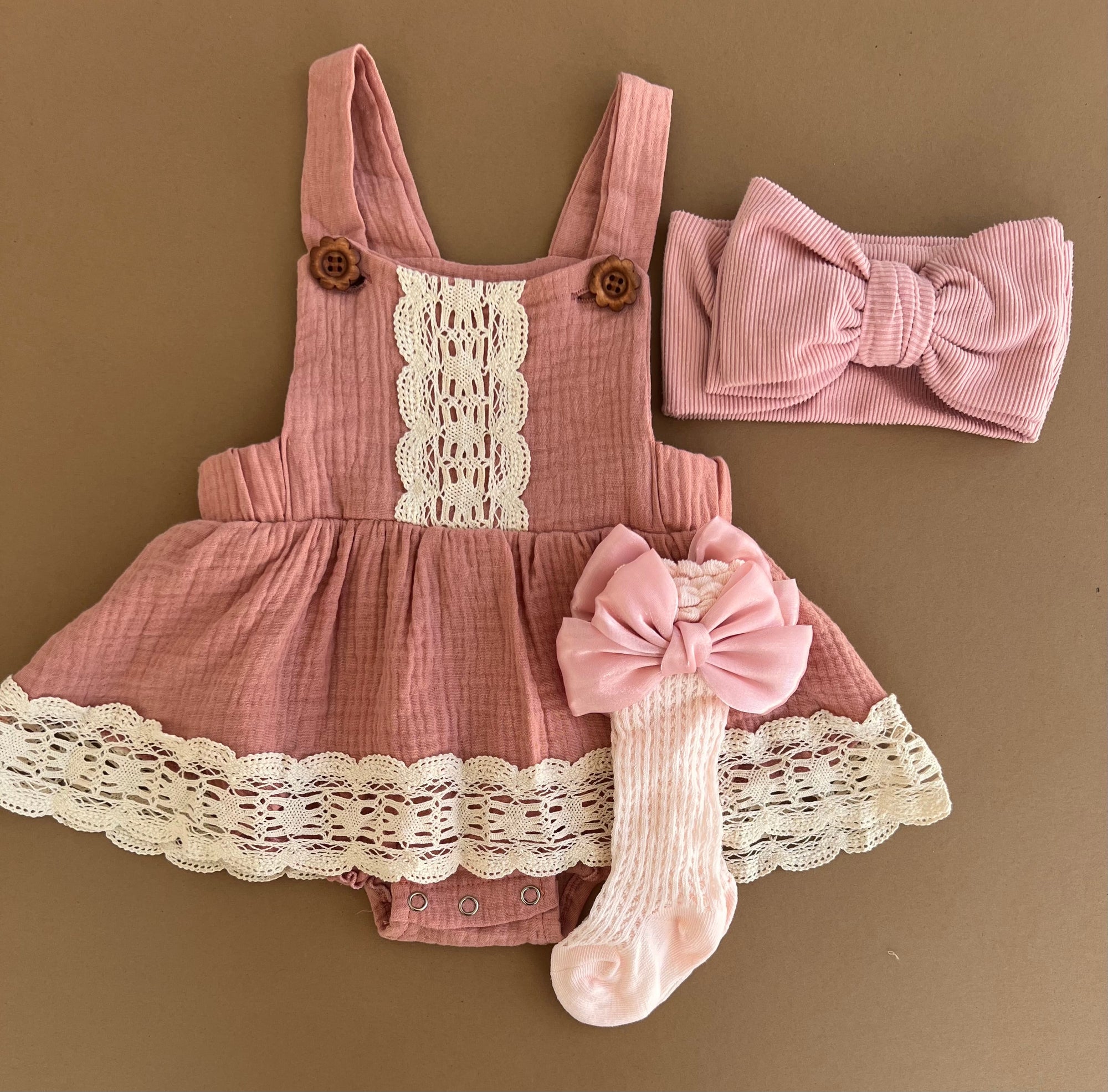 Vintage Skirted Lace Romper (Rose Pink)