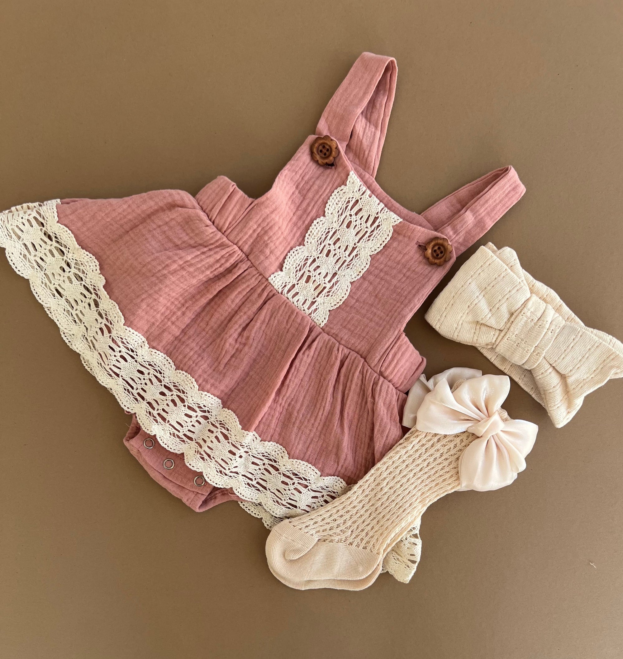 Vintage Skirted Lace Romper (Rose Pink)