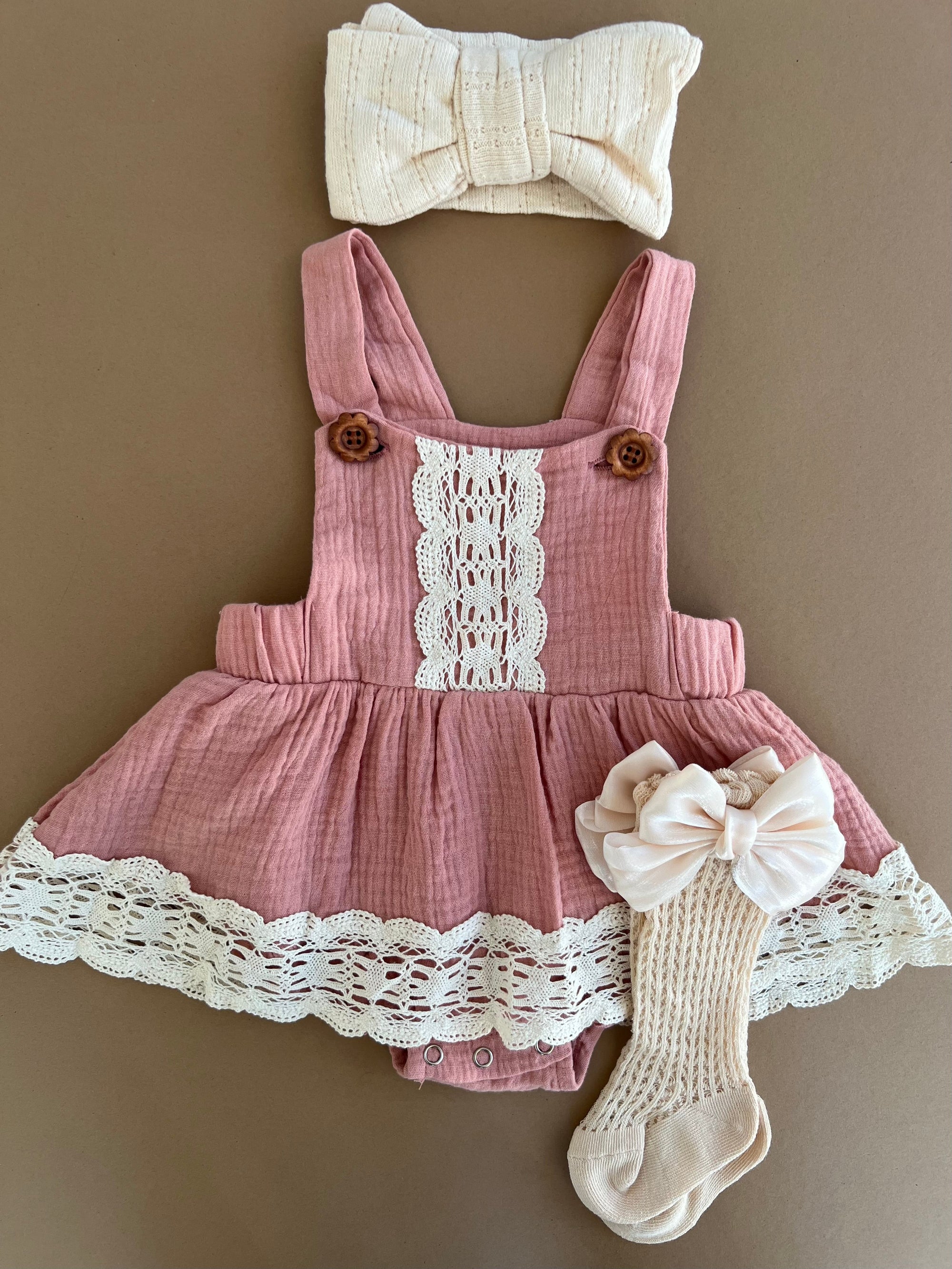 Vintage Skirted Lace Romper (Rose Pink)