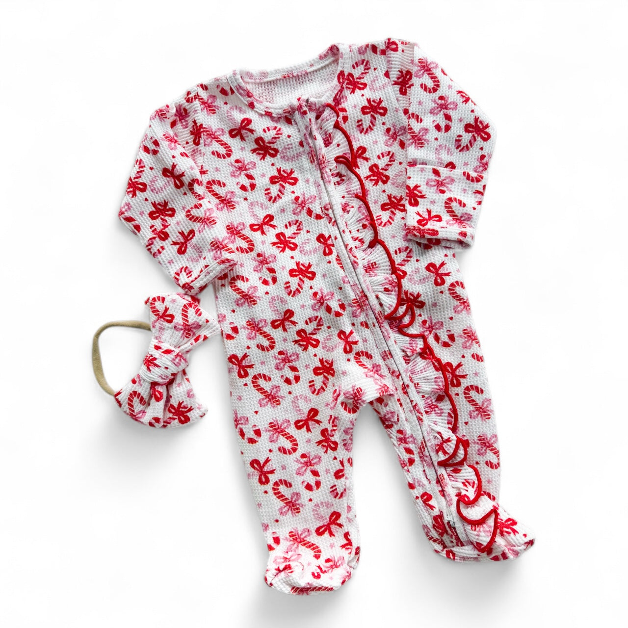 Candy Cane Waffle Ruffle Zipper Footie Set