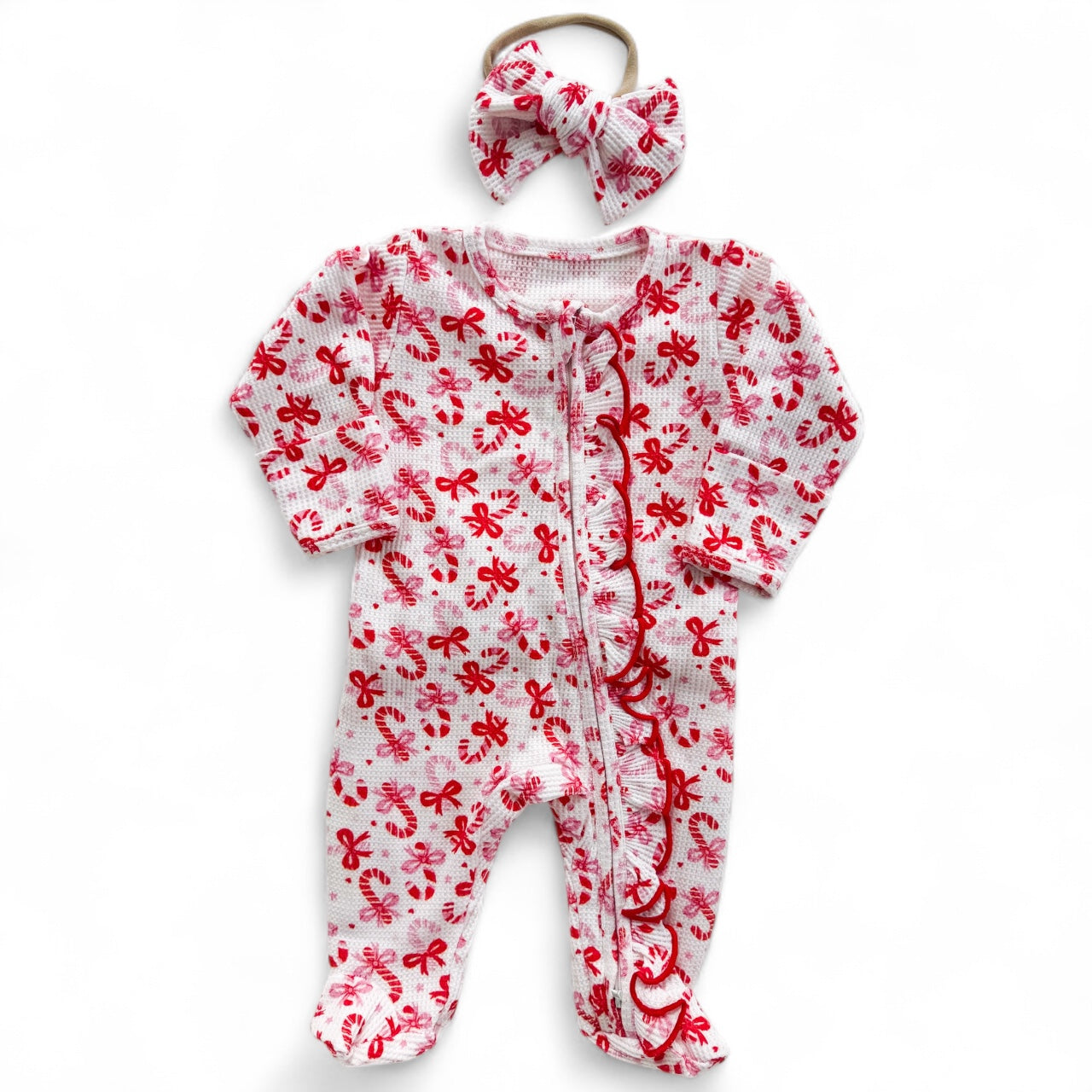 Candy Cane Waffle Ruffle Zipper Footie Set