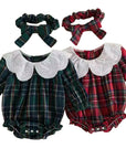 Christmas Plaid Eyelet Collar Bubble Romper