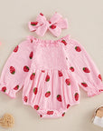 Long Sleeve Strawberry Print Romper Set