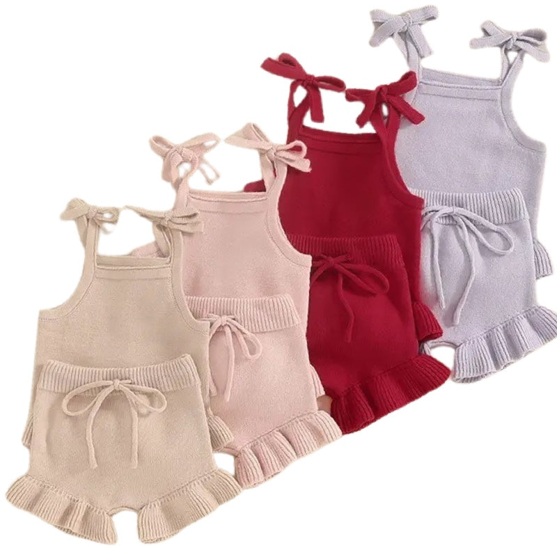 2pcs Knit Peplum Ruffle Shorts Set
