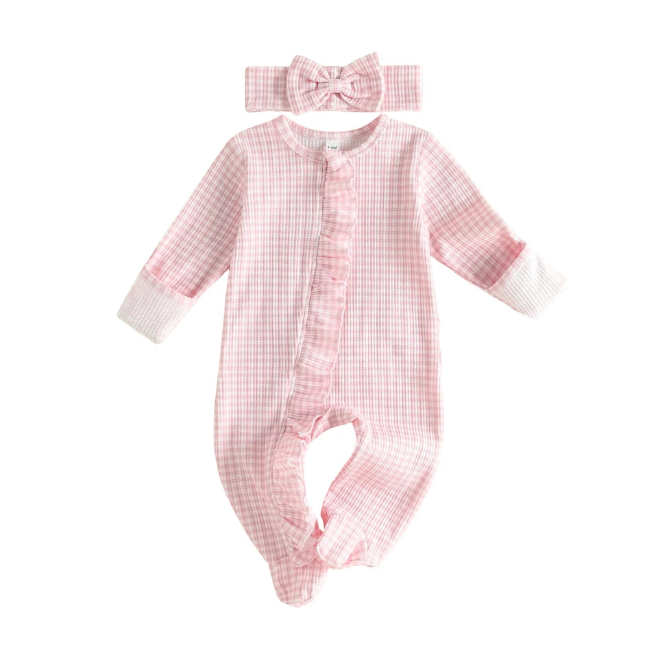 Gingham Ruffle Footie + Matching Bow