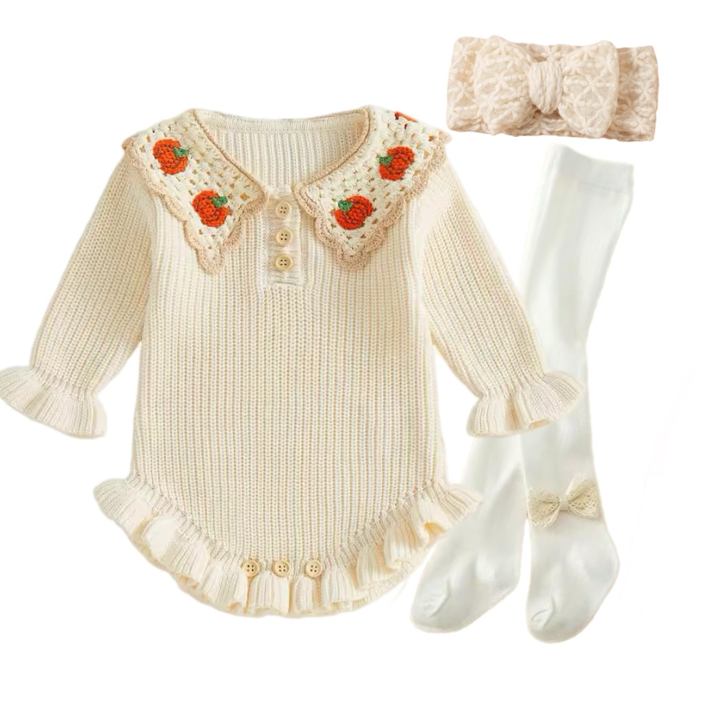 Pumpkin Patch Crochet Collar Knit Romper (Cream)