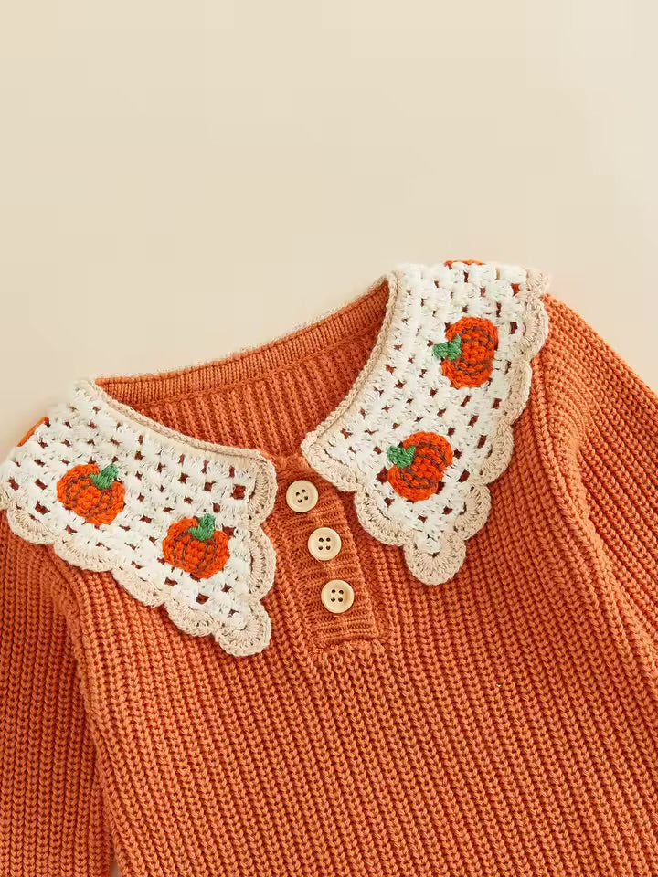 Pumpkin Patch Crochet Collar Knit Romper