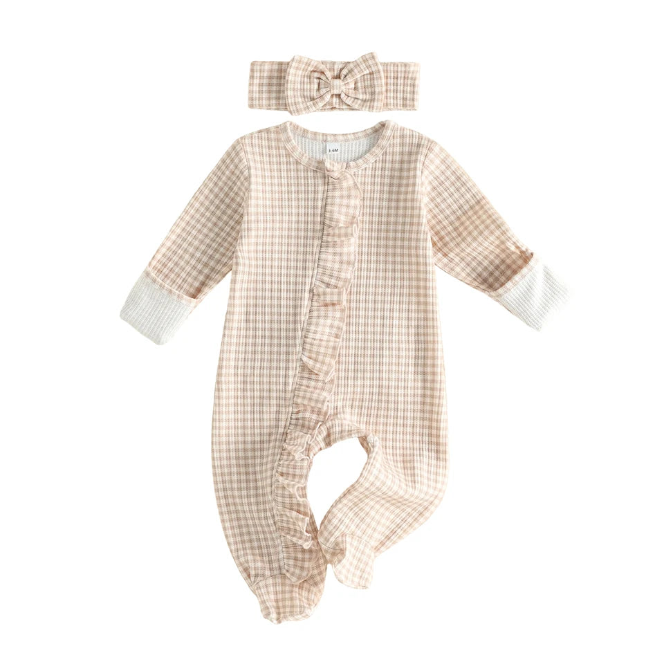 Gingham Ruffle Footie + Matching Bow