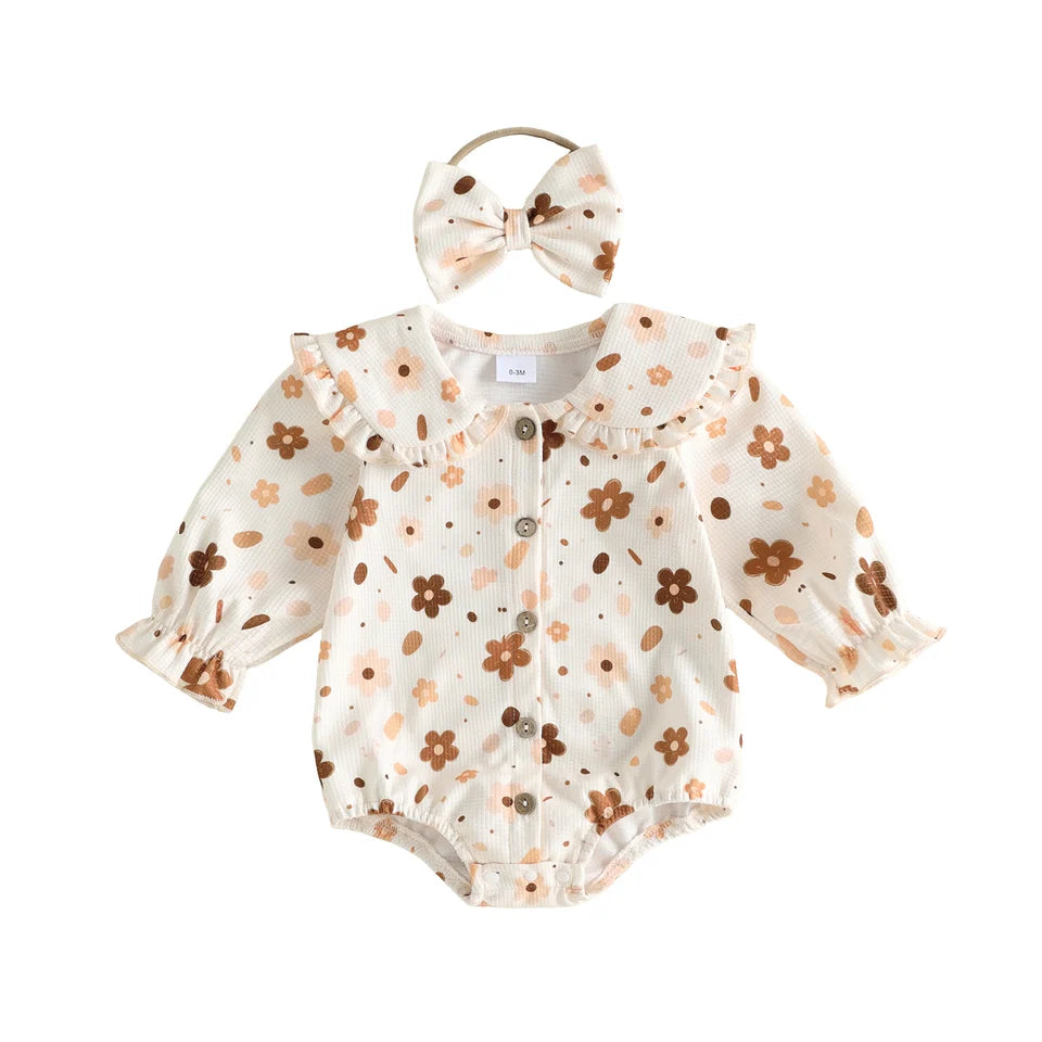Baby girl floral ruffle-collar romper with matching bow headband