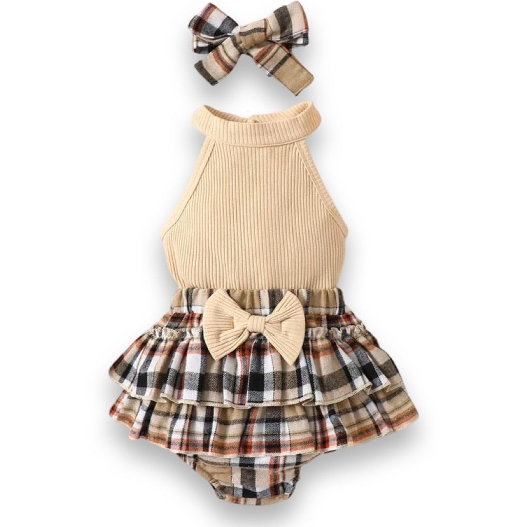 Halter Top &amp; Plaid Bow Shorts (Tan)