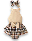 Halter Top & Plaid Bow Shorts (Tan)